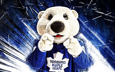 4k, Carlton the Bear, grunge konst, maskot, Toronto Maple Leafs, bl&#229; abstrakt str&#229;lar, NHL, Toronto Maple Leafs maskot, Carlton, NHL maskotar, officiell maskot, Carlton maskot