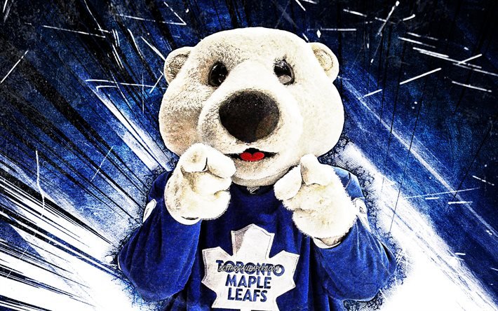 4k, Carlton the Bear, arte grunge, mascote, Toronto Maple Leafs, raios abstratos azuis, NHL, mascote Toronto Maple Leafs, Carlton, mascotes NHL, mascote oficial, mascote Carlton