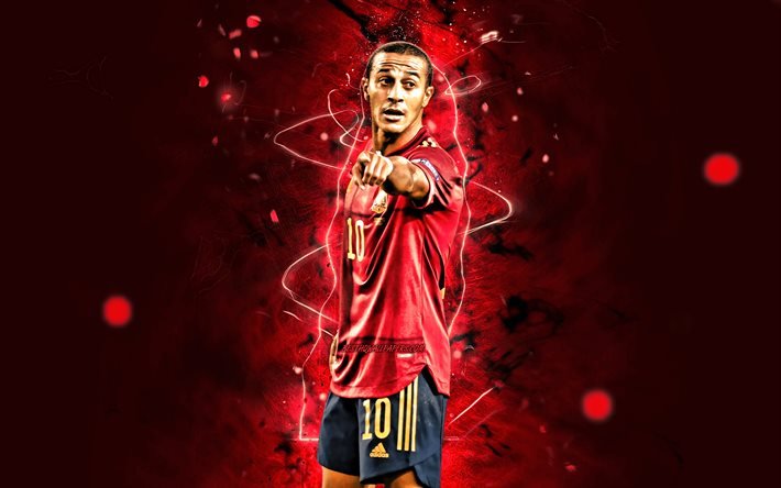 Thiago Alcantara, 4k, 2020, İspanya Milli Takımı, futbol, futbolcular, Thiago Alcantara do Nascimiento, kırmızı neon ışıkları, İspanyol futbol takımı, Thiago Alcantara 4K