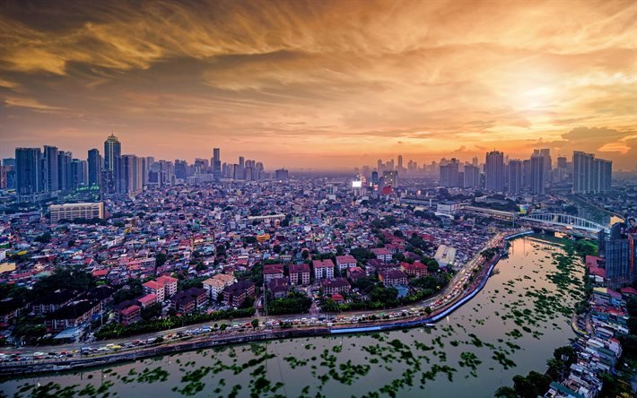 Manila, 4k, Pasig River, solnedg&#229;ng, stadsbilder, Filippinerna, Asien, horisont