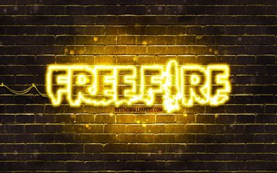 Logotipo amarelo Garena Free Fire, 4k, parede de tijolos amarelos, logotipo Free Fire, jogos 2020, Free Fire, logotipo Garena Free Fire, Free Fire Battlegrounds, Garena Free Fire