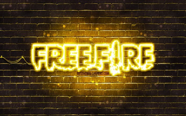 Garena Free Fire yellow logo, 4k, yellow brickwall, Free Fire logo, 2020 games, Free Fire, Garena Free Fire logo, Free Fire Battlegrounds, Garena Free Fire