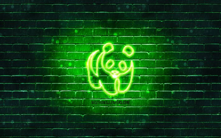 Icona al neon del WWF, 4K, sfondo verde, World Wildlife Fund, simboli al neon, WWF, creativo, icone al neon, segno WWF, segni di ecologia, icona WWF, icone di ecologia
