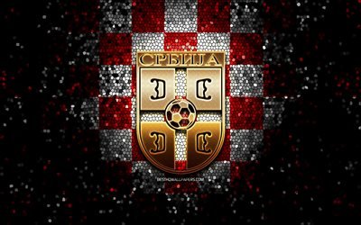 &#201;quipe de football serbe, logo de paillettes, UEFA, Europe, fond quadrill&#233; blanc rouge, art de la mosa&#239;que, football, &#233;quipe nationale de football de Serbie, logo FAS, Serbie