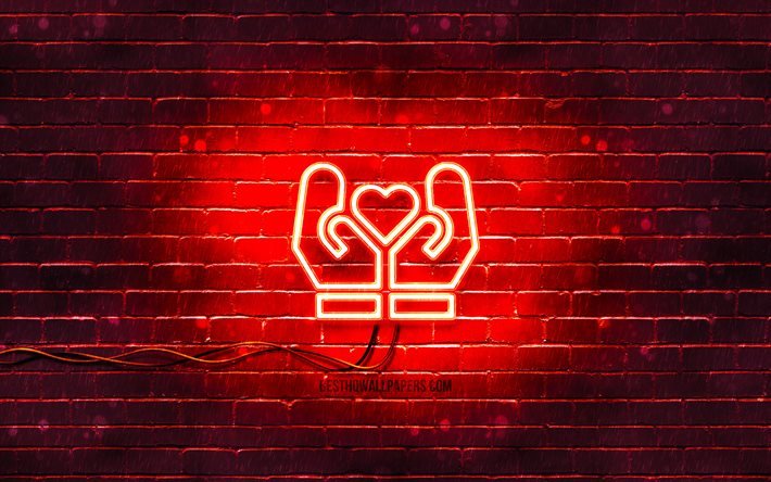 Salva amore icona al neon, 4k, sfondo rosso, simboli al neon, salva amore, creativo, icone al neon, salva amore segno, segni d&#39;amore, salva icona amore, icone amore, concetti di amore
