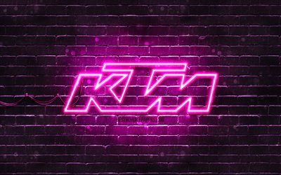 KTM violetti logo, 4k, violetti tiilisein&#228;, KTM logo, moottoripy&#246;r&#228;merkit, KTM neonlogo, KTM