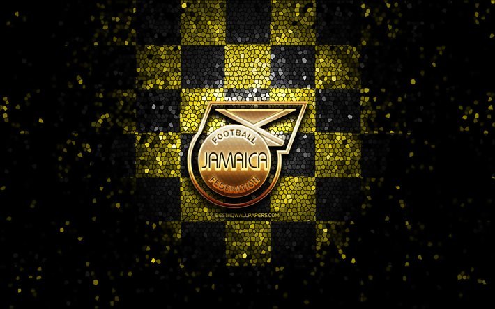Jamaika futbol takımı, parlak logo, CONCACAF, Kuzey Amerika, sarı siyah damalı arka plan, mozaik sanatı, futbol, Jamaika Milli Futbol Takımı, JFF logosu, Jamaika