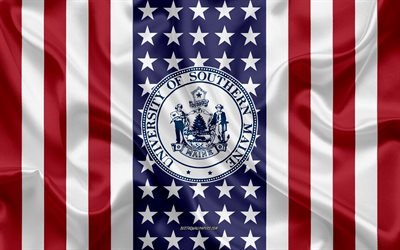 University of Southern Maine Emblem, American Flag, University of Southern Maine logo, Gorham, Portland, Maine, USA, University of Southern Maine