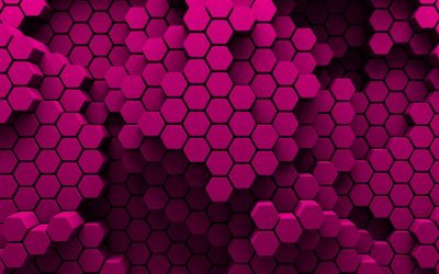 esagoni viola, 4k, struttura 3D di esagoni, nido d&#39;ape, modelli di esagoni, trame di esagoni, trame 3D, sfondi viola