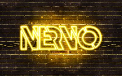 Nervo yellow logo, 4k, superstars, Australian DJs, yellow brickwall, Nervo logo, Olivia Nervo, Miriam Nervo, NERVO, music stars, Nervo neon logo