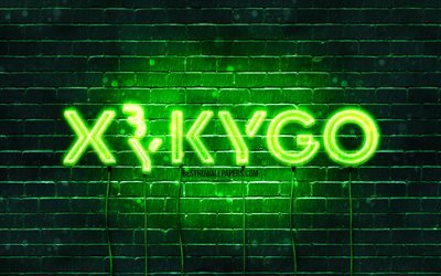 Logo vert Kygo, 4k, superstars, DJ norv&#233;giens, brickwall vert, Kyrre Gorvell-Dahll, stars de la musique, logo n&#233;on Kygo, logo Kygo, Kygo