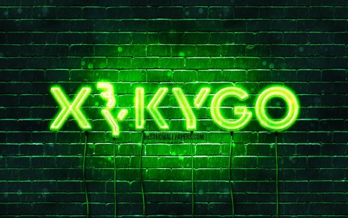 Logo verde Kygo, 4k, superstar, DJ norvegesi, muro di mattoni verdi, Kyrre Gorvell-Dahll, star della musica, logo al neon Kygo, logo Kygo, Kygo