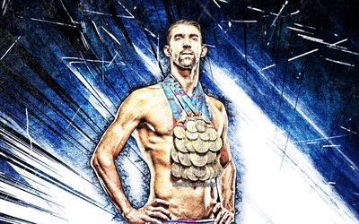 Download wallpapers 4k, Michael Phelps, grunge art, american swimmer,  olympic champion, Michael Fred Phelps II, blue abstract rays, Michael Phelps  with medals, artwork, Michael Phelps 4K for desktop free. Pictures for  desktop