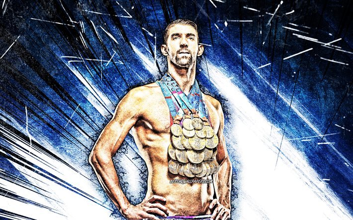 4k, Michael Phelps, arte grunge, nadador americano, campe&#227;o ol&#237;mpico, Michael Fred Phelps II, raios abstratos azuis, Michael Phelps com medalhas, obras de arte, Michael Phelps 4K