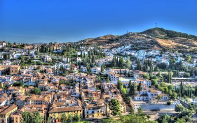 Granada, kv&#228;ll, solnedg&#229;ng, byggnader, sommar, Granada stadsbild, Spanien, Granada panorama