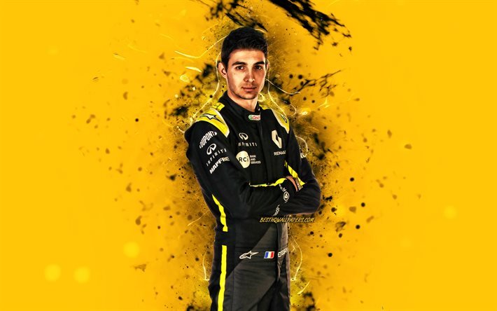 Esteban Ocon, 2020, 4k, Renault DP World F1 Team, fransız yarış pilotları, Formula 1, sarı neon ışıkları, F1 2020, Renault F1 Team