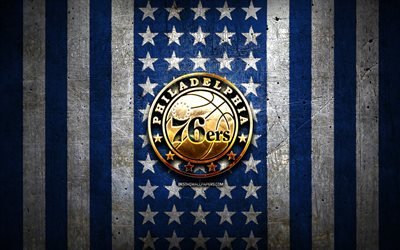 philadelphia 76ers flagge, nba, blau wei&#223; metall hintergrund, amerikanischen basketball-club, philadelphia 76ers logo, usa, basketball, goldenes logo, philadelphia 76ers