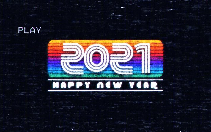 2021 العام الجديد, نمط VHS, 2021 أرقام بيضاء, 2021 مفاهيم, 2021 على خلفية زرقاء, 2021 أرقام سنة, كل عام و انتم بخير