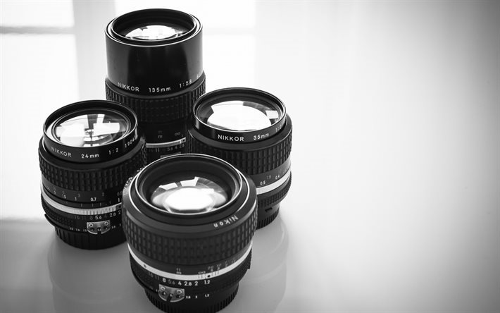 Lentes Nikon, v&#225;rias lentes, fot&#243;grafos