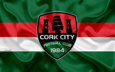 Cork City FC, 4K, Irish Football Club, Cork City logo, emblem, League of Ireland, Premier Division, football, Cork, Ireland, silk flag, Irish Football Championship