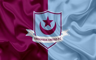 Drogheda United FC, 4K, Irish Football Club, logo, emblem, League of Ireland, Premier Division, football, Droed, Ireland, silk flag, Irish Football Championship