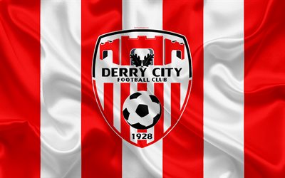 Derry City FC, 4K, Irish Football Club, logo, emblem, League of Ireland, Premier Division, football, Londonderry, United Kingdom, Ireland, silk flag, Irish Football Championship