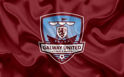 Galway United FC, 4K, Irish Football Club, logo, emblem, League of Ireland, Premier Division, football, Galway, Ireland, silk flag, Irish Football Championship