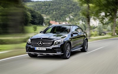 Mercedes-Benz GLC Coupe, 2017, X253, 4k, musta urheilu crossover, musta GLC Coupe, Saksan autoja, tie, nopeus, Mercedes