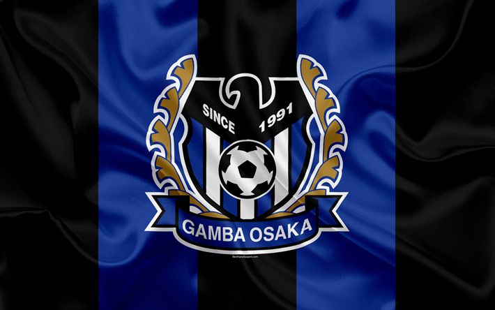 Gamba Osaka, 4k, Japanese football club, G-Osaka FC logo, emblem, J-League, football, Osaka, Japan, silk flag, League Division 1, Japan Football Championship
