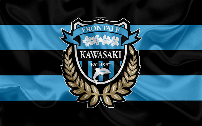 Kawasaki Frontale, FC, 4k, Japanese football club, logo, emblem, J-League, football, Kawasaki, Kanagawa, Japan, silk flag, League Division 1, Japan Football Championship