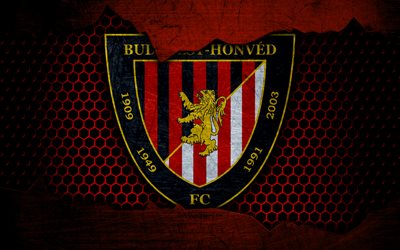 Honved, 4k, logo, NB I, Hungarian Liga, soccer, football club, Hungary, grunge, metal texture, Honved FC