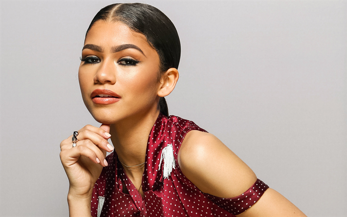 Zendaya, Amerikalı oyuncu, portre, makyaj, kırmızı g&#252;zel bir elbise, Zendaya Coleman