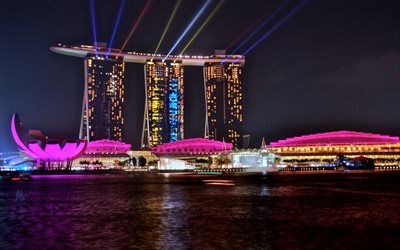 Marina Bay Sands, 4k, hotel, y&#246;, moderni arkkitehtuuri, Singapore