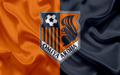 Omiya Ardija, 4k, Japanese football club, logo, emblem, J-League, football, Omiya, Saitama, Japan, silk flag, League Division 1, Japan Football Championship