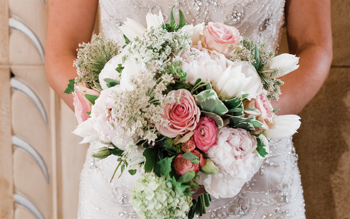 ramo de novia, 4k, rosas de color rosa, la novia, vestido de novia blanco, ramo de rosas, de la boda de conceptos