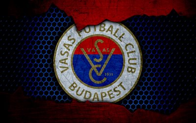 Vasas, 4k, logo, NB I, Hungarian Liga, soccer, football club, Hungary, grunge, metal texture, Vasas FC