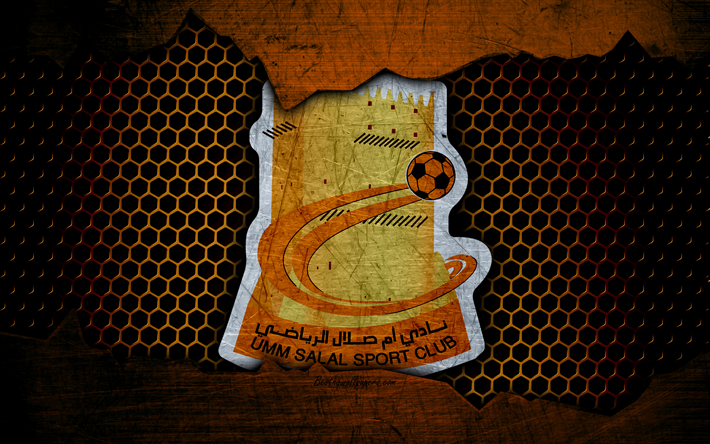 umm salal, 4k, logo, qatar stars league, soccer, fu&#223;ball club, qatar, doha, shoegazing, metal texturen, umm salal fc