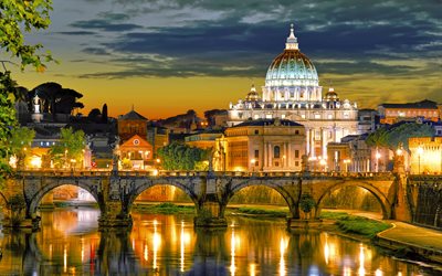 Saint Peters Basilica, 4k, Vatican, nightscapes, italian landmarks, Rome, Italy