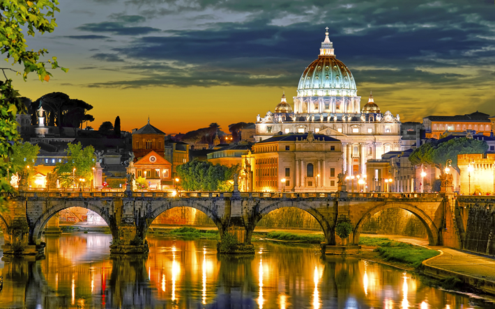 سانت بيترز كنيسة, 4k, الفاتيكان, nightscapes, المعالم الإيطالية, روما, إيطاليا