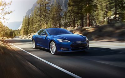 Tesla Model S, 2017, 4k, deportes, coche el&#233;ctrico, sed&#225;n, color azul Modelo S, coches Americanos, Tesla