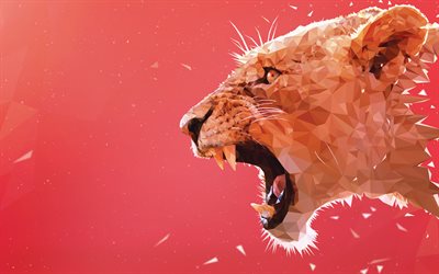 4k, 怒りのライオン, 美術, 敵, モザイク, grin, ライオン