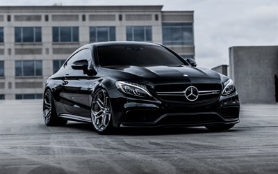 Mercedes-AMG C63S Coupe, 4k, sports coupe, black C63S, tuning C-Class Coupe, new cars, German cars, luxury coupe, Velos XX Forged Wheels, Mercedes