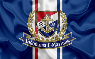 Yokohama Marinos, 4k, Japanese football club, logo, emblem, J-League, football, Yokohama, Kanagawa, Japan, silk flag, League Division 1, Japan Football Championship