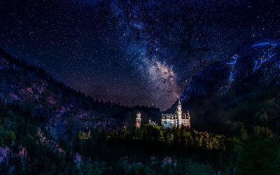 Germany, Neuschwanstein Castle, nightscapes, mountains, starry sky, Bavaria, Alps, german landmarks, Europe