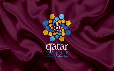 World Cup 2022, Qatar 2022, FIFA World Cup, 4k, silk flag, emblem, Qatar 2022 logo, football championship
