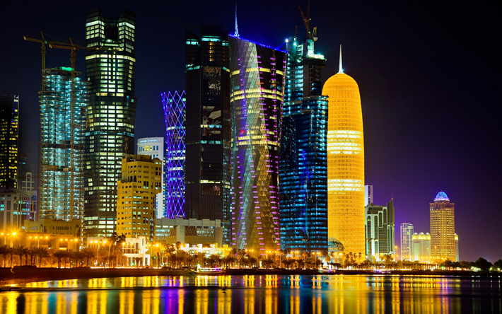 4k, Doha, modern arkitektur, skyskrapor, Qatar, natt