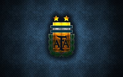 Argentina national football team, 4k, metal logo, creative art, steel emblem, blue metal background, Argentina, football