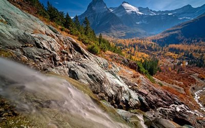 mountain landscape, valley, autumn, yellow forest, yellow trees, autumn landscape, Glacier National Park, USA