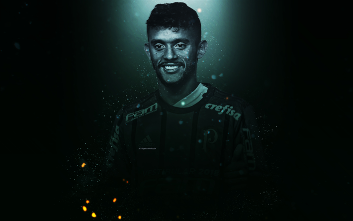 Gustavo Scarpa, 4k, creative art, Palmeiras, Brazilian footballer, lighting effects, green background, portrait, Serie A, Brazil, football players, Gustavo Henrique Furtado Scarpa, Sociedade Esportiva Palmeiras