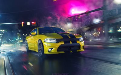 Dodge Charger SRT, night, 2019 cars, supercars, yellow Charger, Dodge